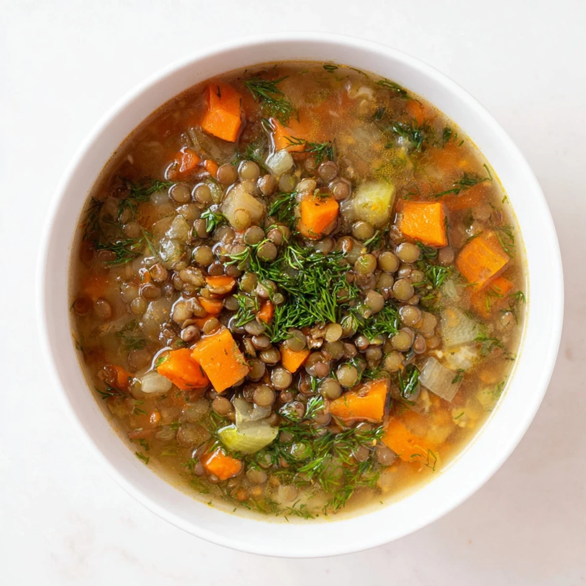 Steaming bowl of classic lentil and herb soup, a comforting vegetarian meal with fresh herbs.