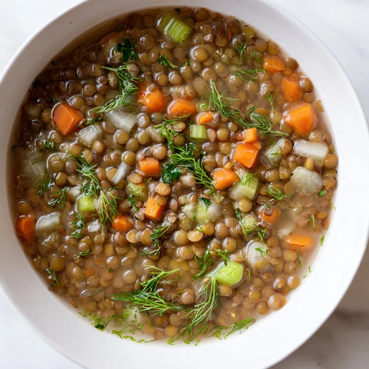 Vibrant image shows a rich, flavorful classic lentil and herb soup, perfect for a cozy dinner.