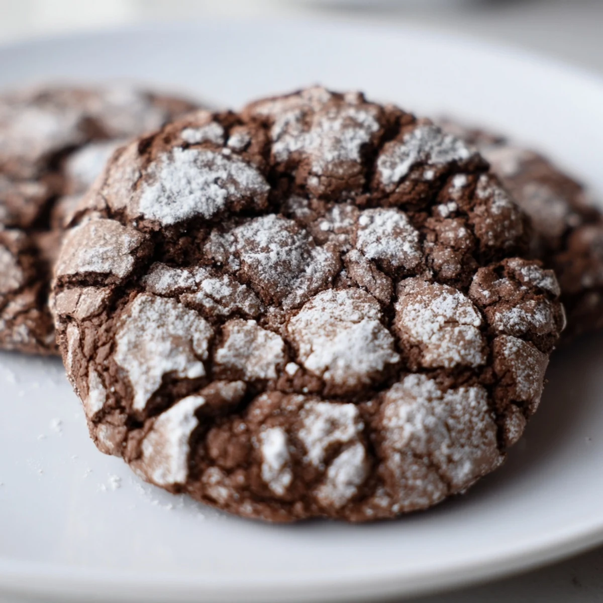 A warm, freshly baked batch of Simple Chocolate Crinkle Cookies with beautiful crackled tops on a baking sheet.