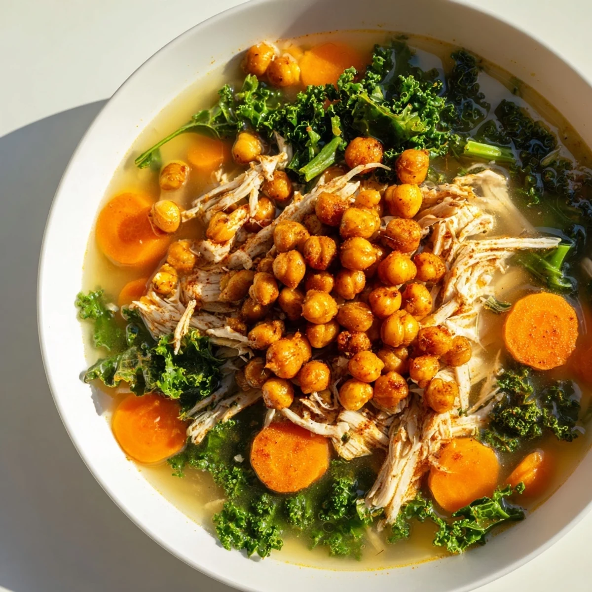 A warm bowl of Chicken Kale Soup, complete with crispy chickpeas, is perfectly comforting.