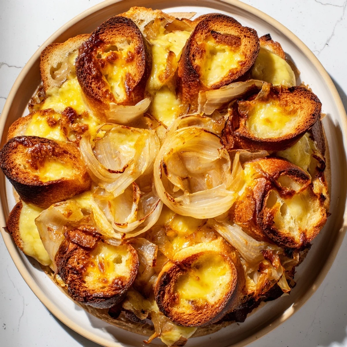A close-up shot of French Onion Pot Roast Casserole, showcasing the tender beef and caramelized onions.