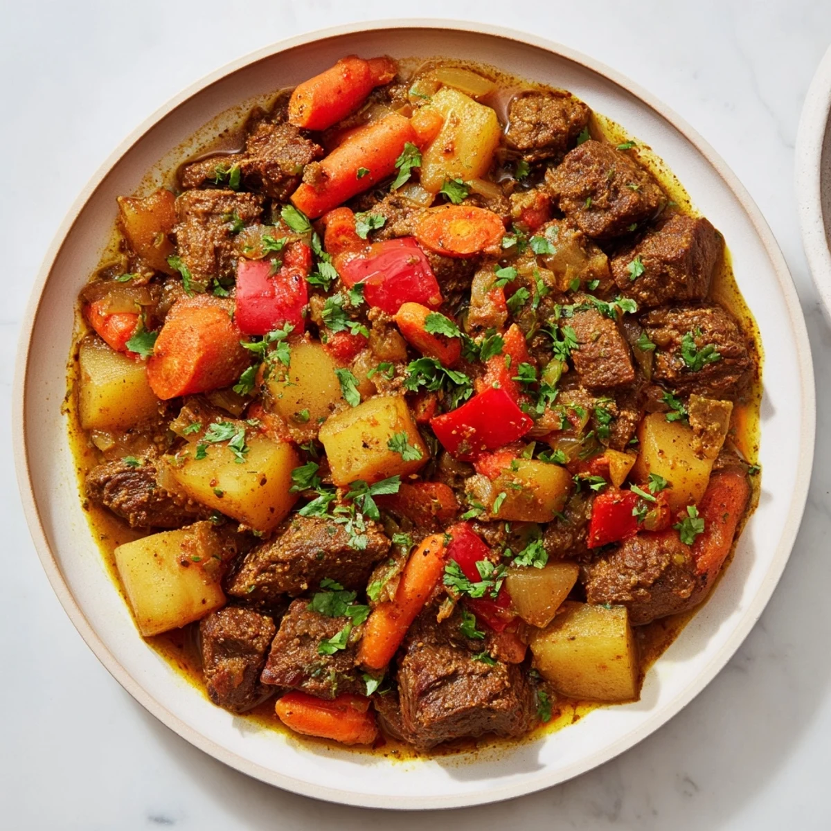 A steaming bowl of Instant Pot Middle Eastern Lamb Stew with its vibrant, colorful vegetables and tender lamb.
