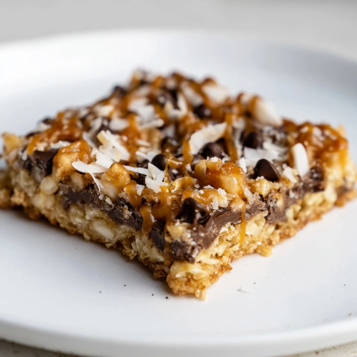 Gooey, layered 7-Layer Magic Bars topped with a shimmering salted caramel drizzle, ready to eat.