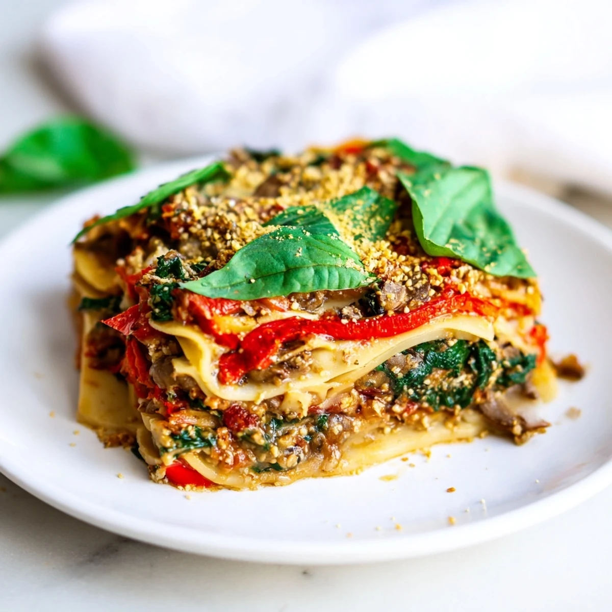This vegan lasagna is layered with a rich mushroom-spinach bolognese, baked to golden perfection.