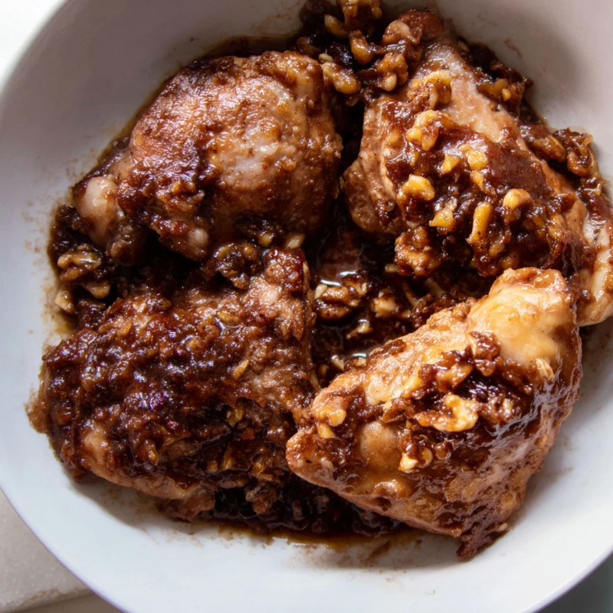 A rich, savory Fesenjan stew: tender chicken swims in a deep, dark walnut and pomegranate sauce.