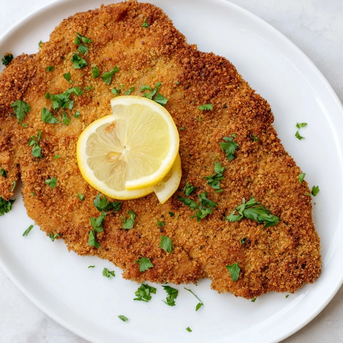 Golden-brown, crispy Air Fryer Wiener Schnitzel served hot with a lemon wedge for squeezing.