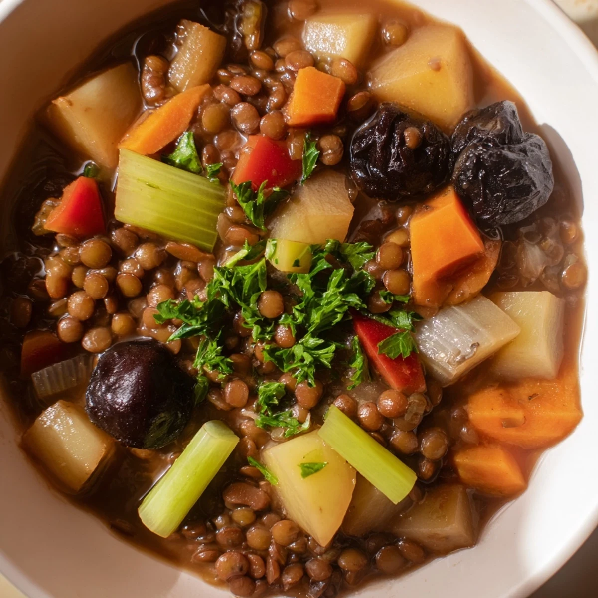 Close-up of Abuela's Secret Lentil Stew with Prunes, with rich broth and tender vegetables.
