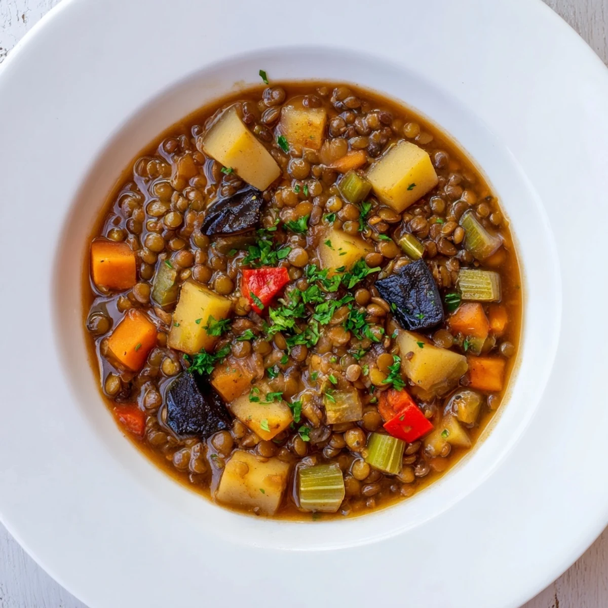 Abuela's Secret Lentil Stew with Prunes, a steaming bowl of savory stew with plump prunes.