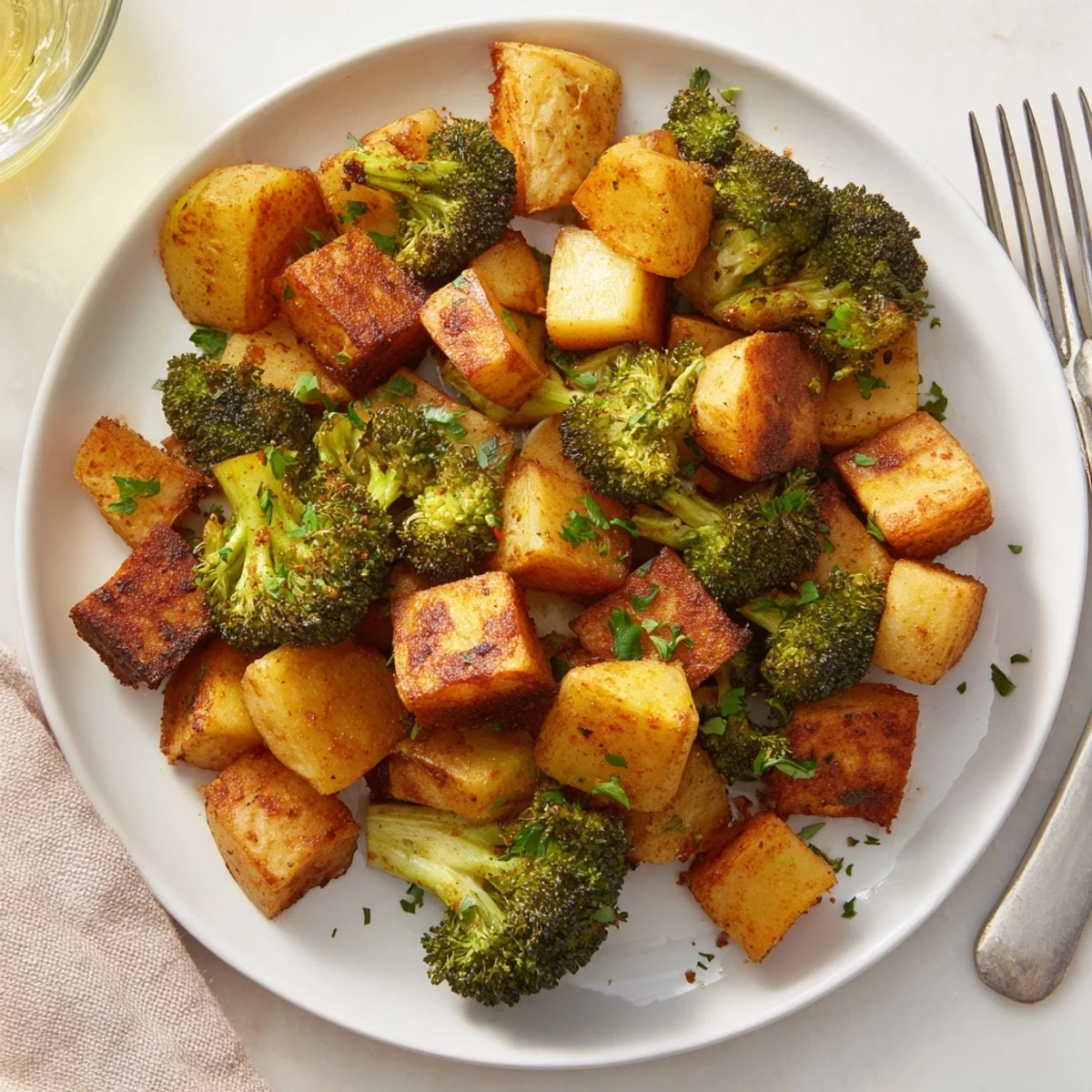 Freshly made Roasted Lemon Potatoes and Broccoli, a vegan side dish with bright lemon zest.