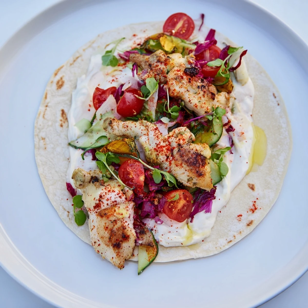 Warm, spicy Greek Yogurt Chicken Shawarma Christmas Wrap, wrapped with fresh herbs and creamy yogurt, ready to eat.