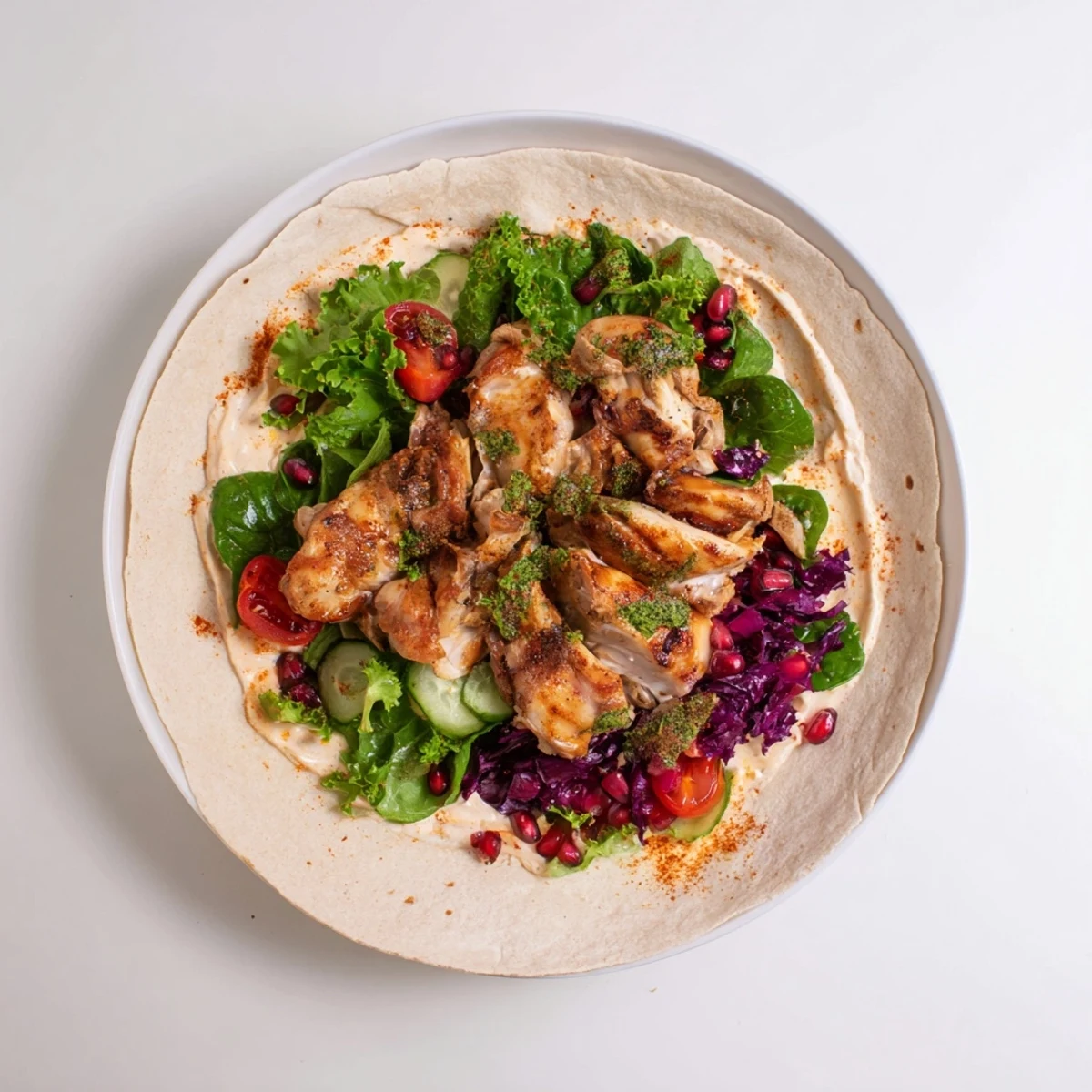 Juicy shredded chicken in a Greek Yogurt Chicken Shawarma Christmas Wrap with all of the fresh fixings, perfect for sharing.