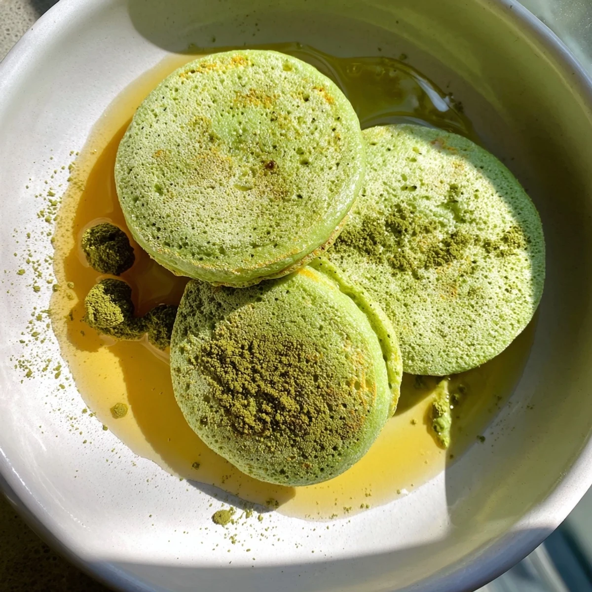 Fluffy Egg White Gingerbread Matcha Soufflé Pancakes, golden brown and drizzled with maple syrup and berries.