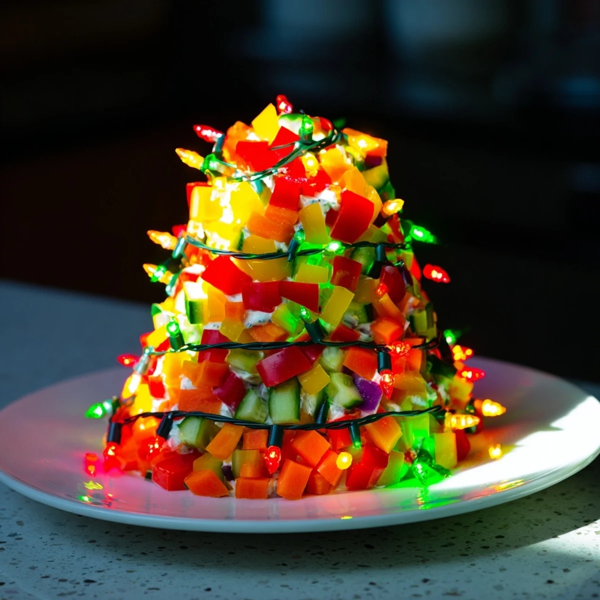 Freshly sliced Rainbow Veggie Christmas Lights Wrap Pinwheels showcasing vibrant veggies nestled in creamy layers.