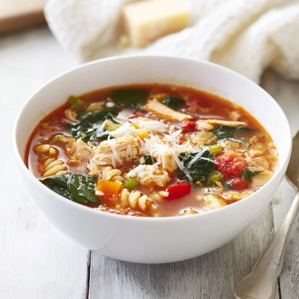 Healthy Lasagna Soup Christmas Pasta Bowl, a hearty soup brimming with savory turkey and vegetables.