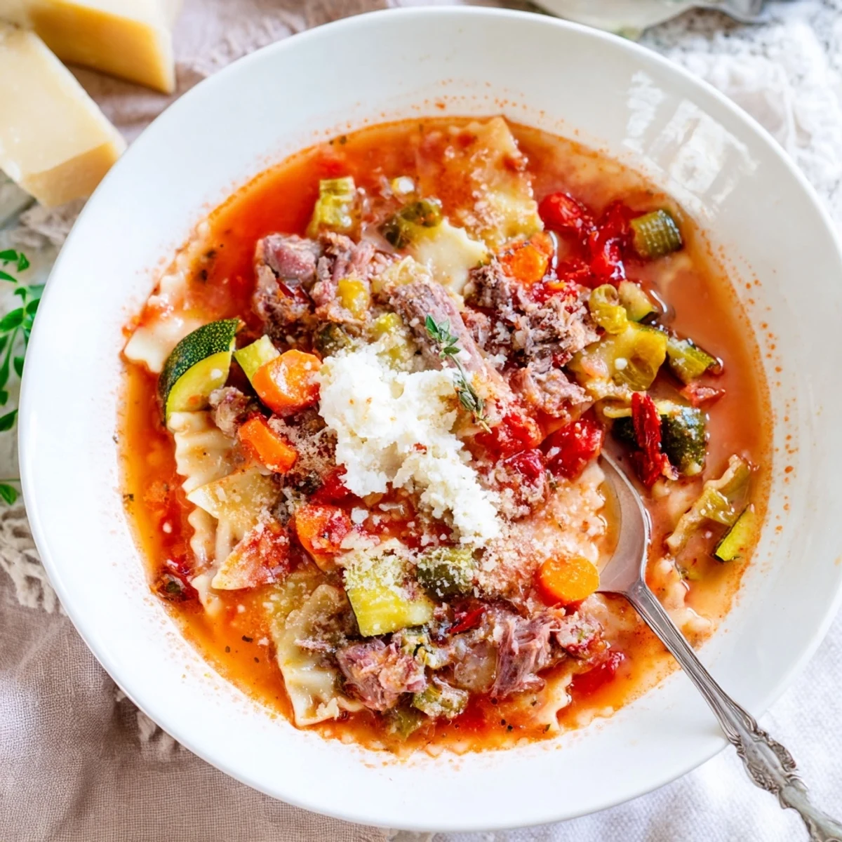 This beautiful Healthy Lasagna Soup Christmas Pasta Bowl has a creamy ricotta cheese topping with fresh herbs.