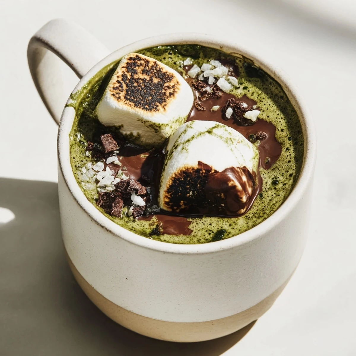 Mug of Toasted Marshmallow Campfire Matcha Hot Cocoa features fluffy toasted marshmallows atop green-tinted drink.