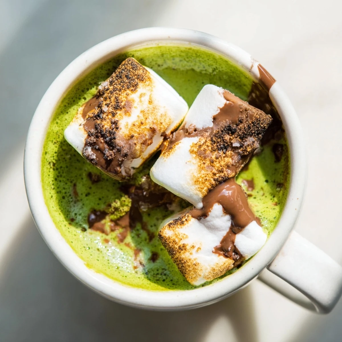 Warm, creamy Toasted Marshmallow Campfire Matcha Hot Cocoa with melted marshmallows, perfect for a chilly evening by the fire.