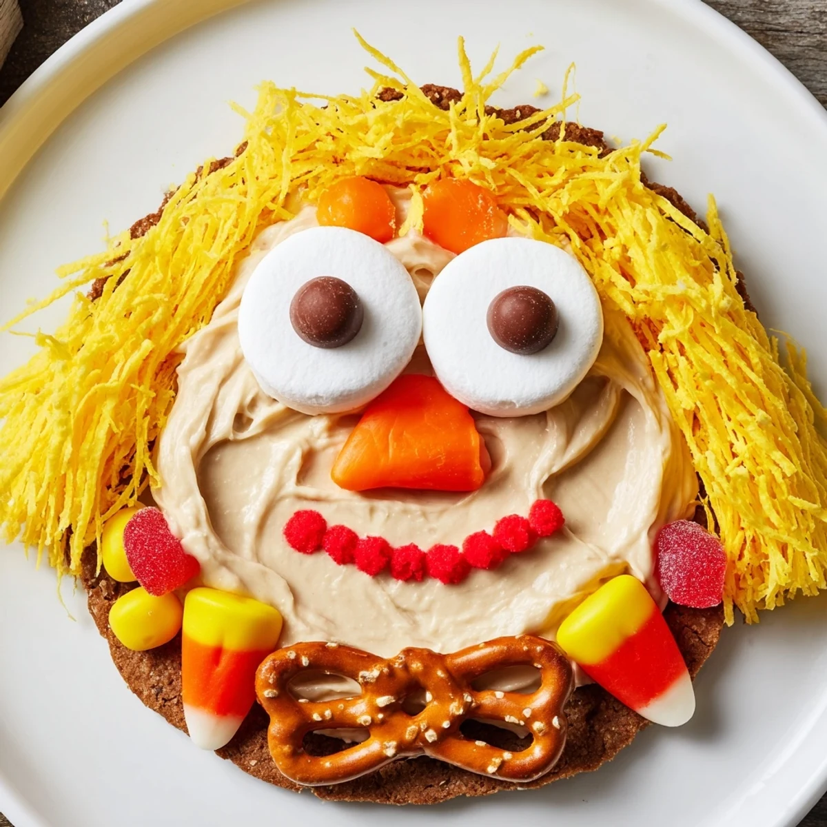 A festive Scarecrow Candy Platter featuring a smiling face made of colorful candies.