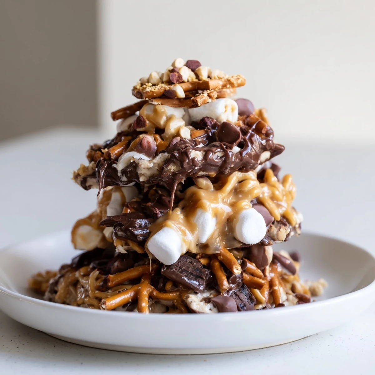 Sweet Haystack Candy Tower, featuring layers of chocolate, pretzels, and toasted coconut; delicious!
