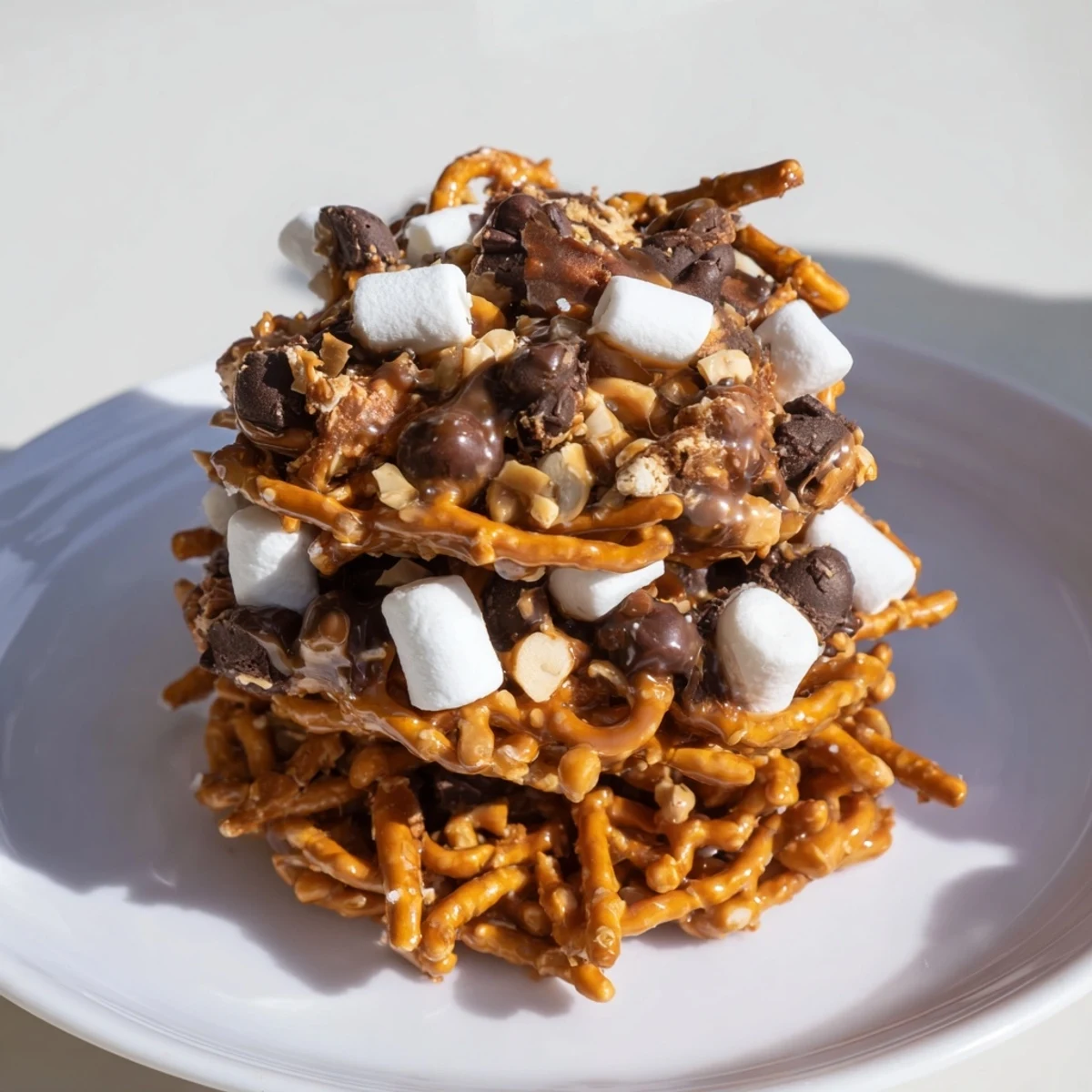 Enjoy a delicious Haystack Candy Tower: a homemade dessert with layers of sweet and salty goodness.