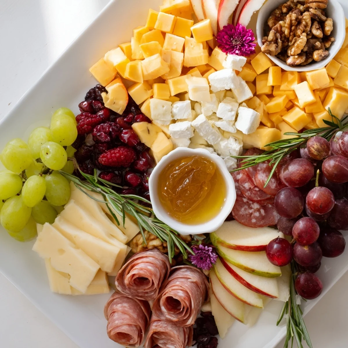 A beautifully displayed Maple Leaf Grazing Tray with colorful ingredients, perfect for entertaining this fall.