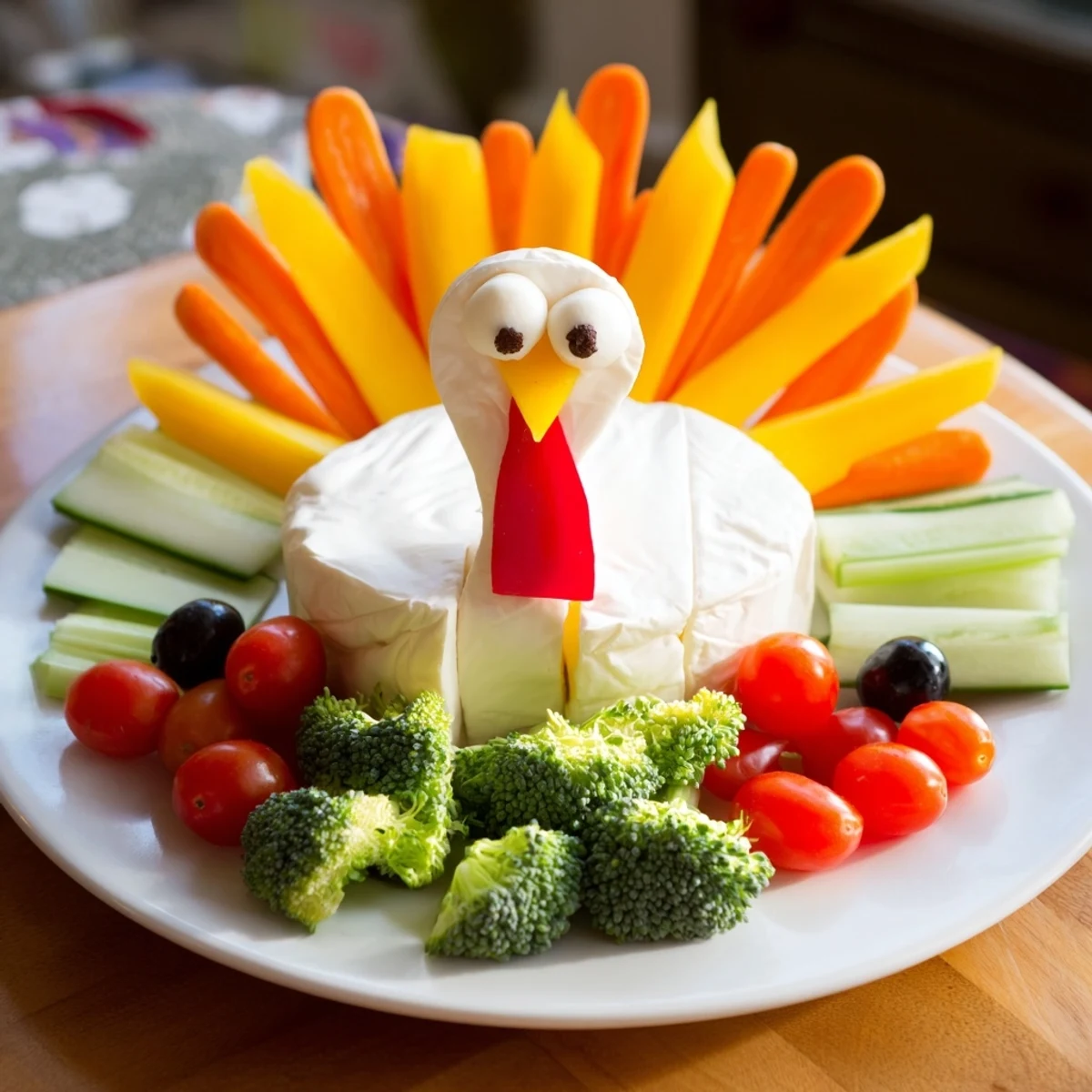 Vibrant Turkey Shaped Appetizer Tray featuring colorful veggie "feathers", cheese, and assorted crackers for parties.