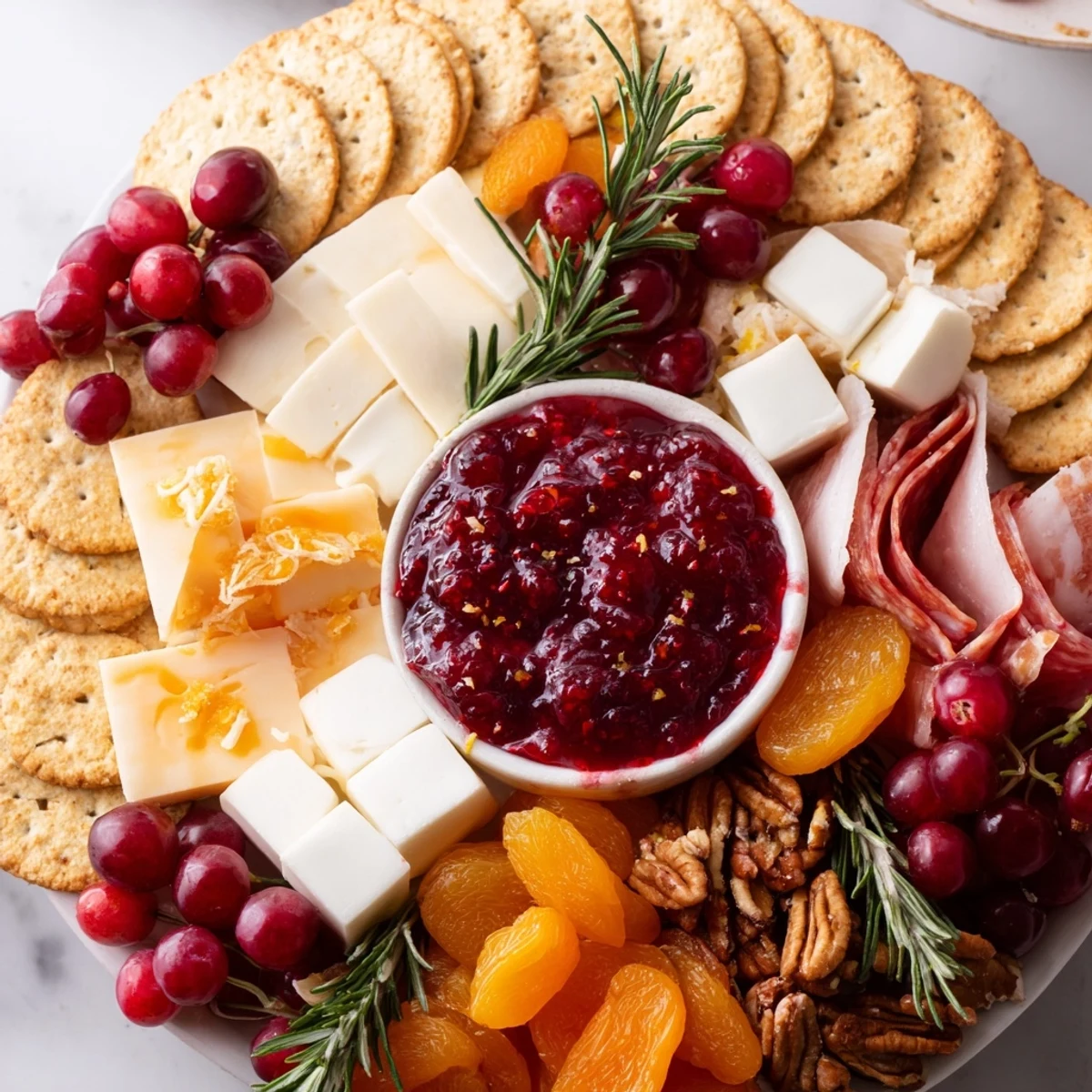 Festive Cranberry Wreath Platter with vibrant red cranberry sauce and creamy cheeses ready to serve.