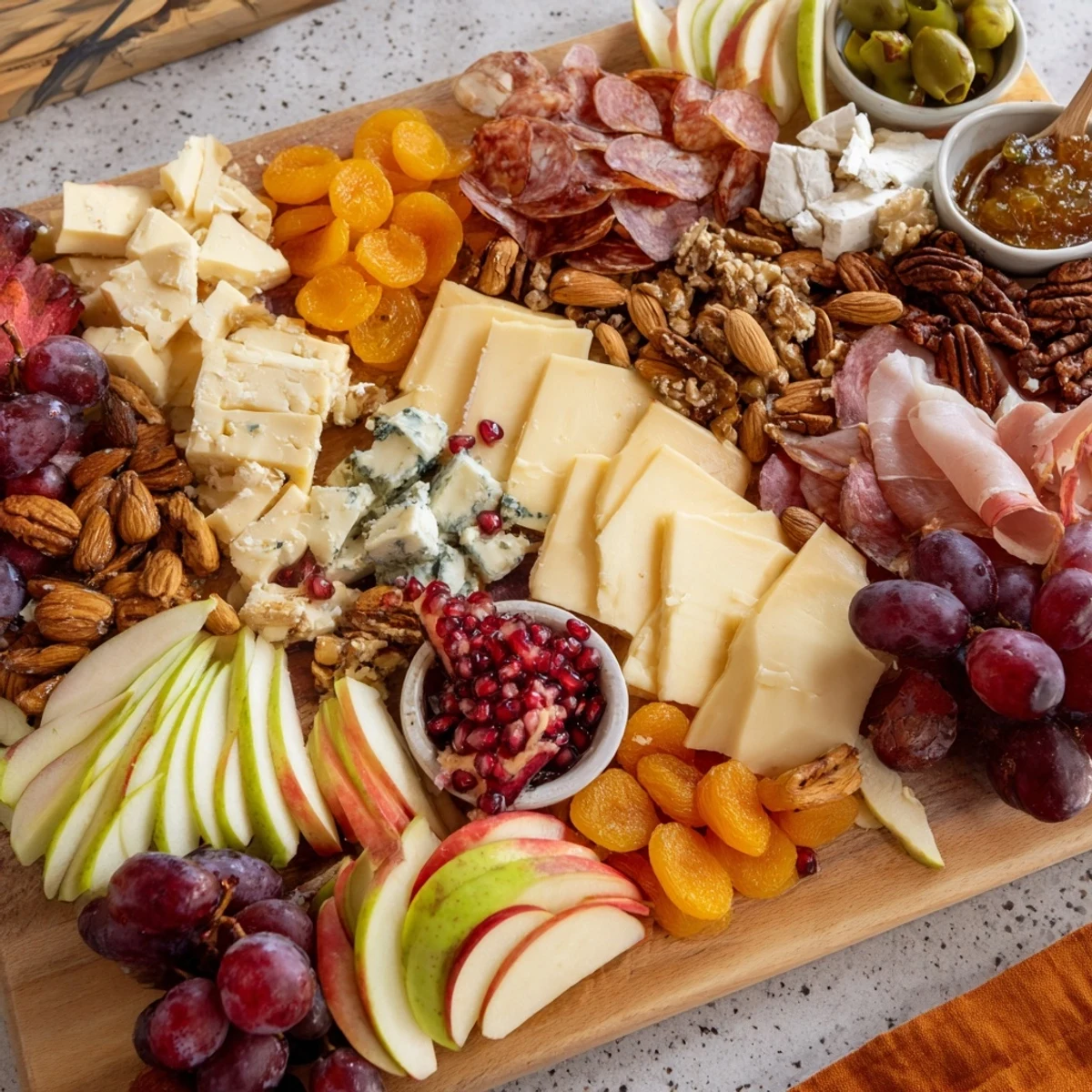 Vivid image of a delicious Cornucopia Harvest Board, perfect for fall gatherings, with a rich assortment of snacks.