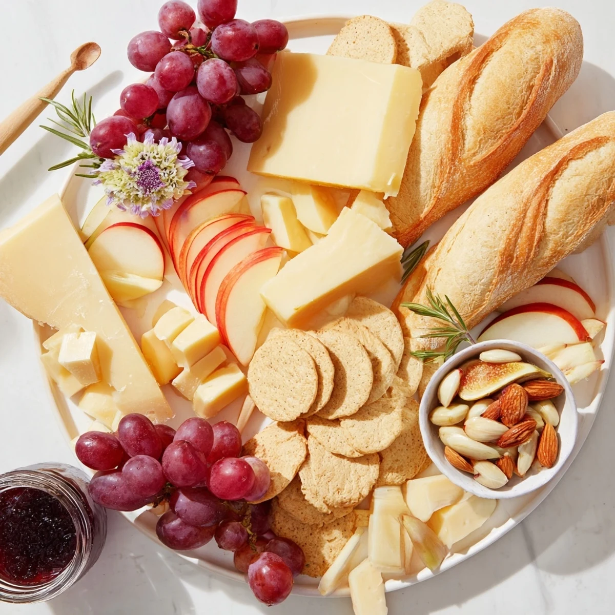 Golden wheat bundle board overflowing with cheeses, fruits, and savory bites, ready to enjoy.
