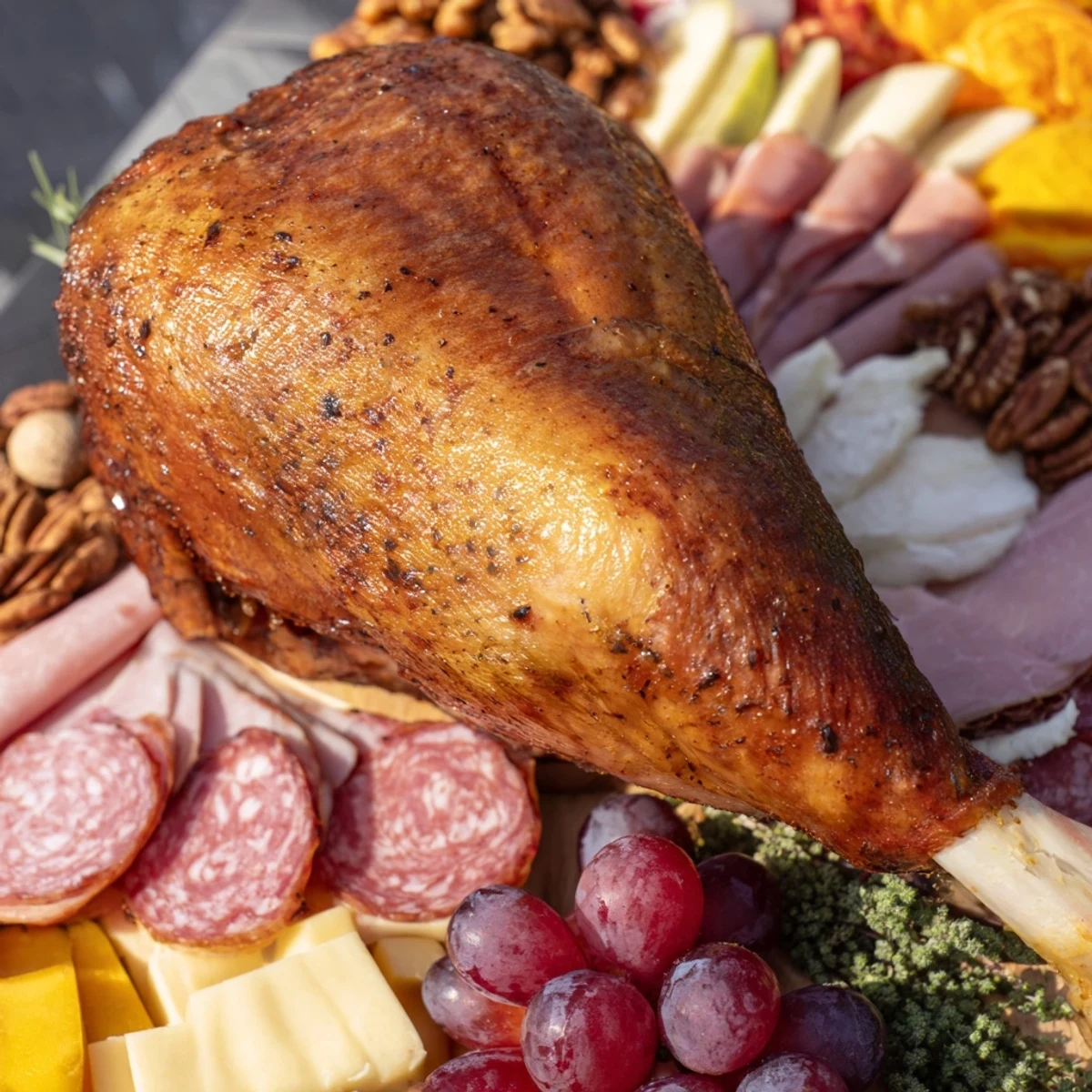 Charcuterie board with vibrant Thanksgiving Turkey Legs, meats, cheeses, fruits, and garnishes.