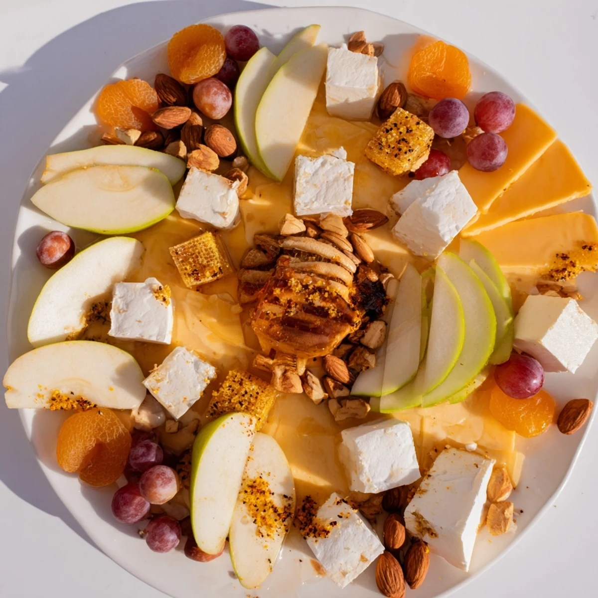 Busy Bee Honeycomb Snack Plate overflows with colorful fruits, cheeses, honey, and crunchy crackers for sharing.
