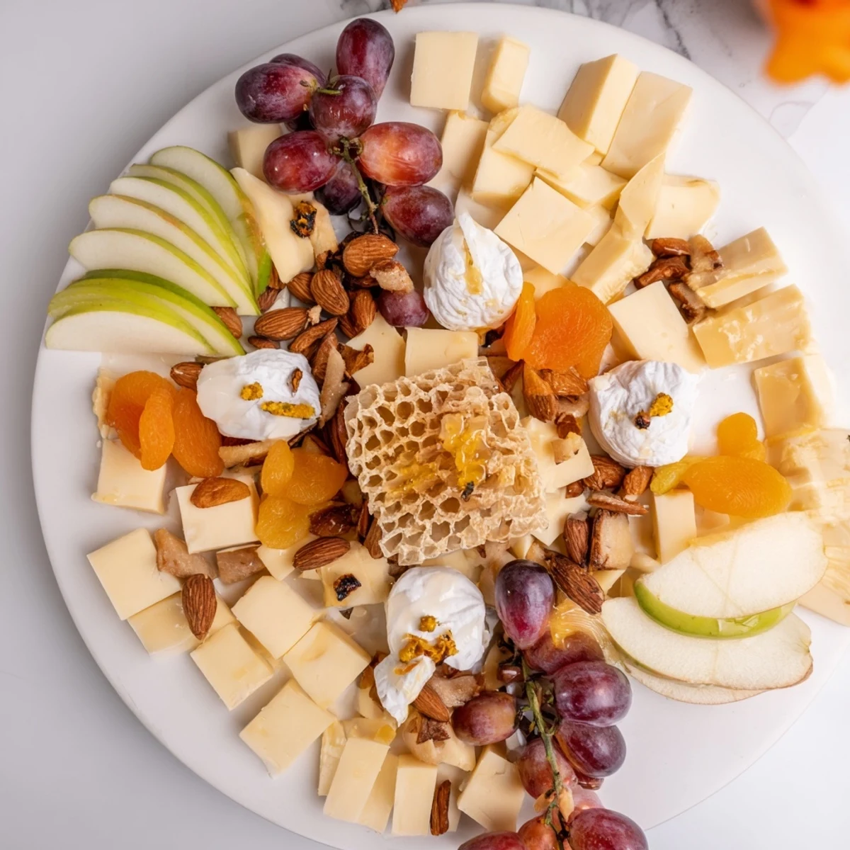A beautiful, close-up view of a Busy Bee Honeycomb Snack Plate, perfect for a flavorful appetizer.