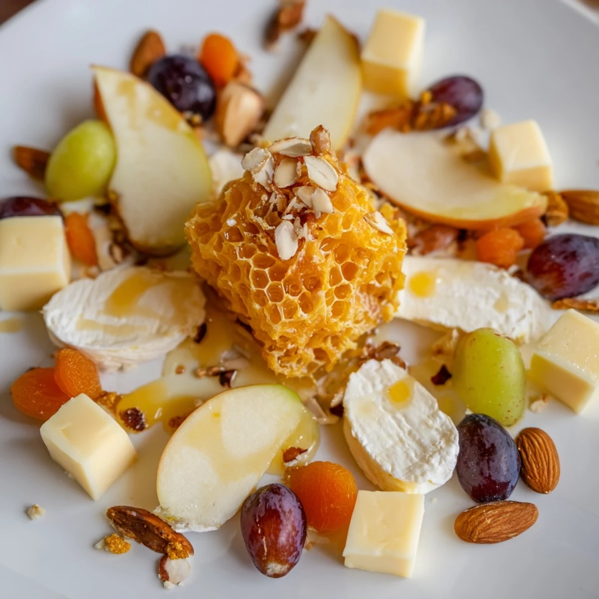 This vibrant Busy Bee Honeycomb Snack Plate shows an inviting arrangement of cheese, honey, and fruit.