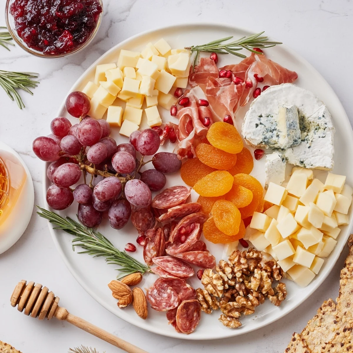 Festive Christmas Grazing Board with creamy brie, colorful fruits, and savory cured meats, ready to share.