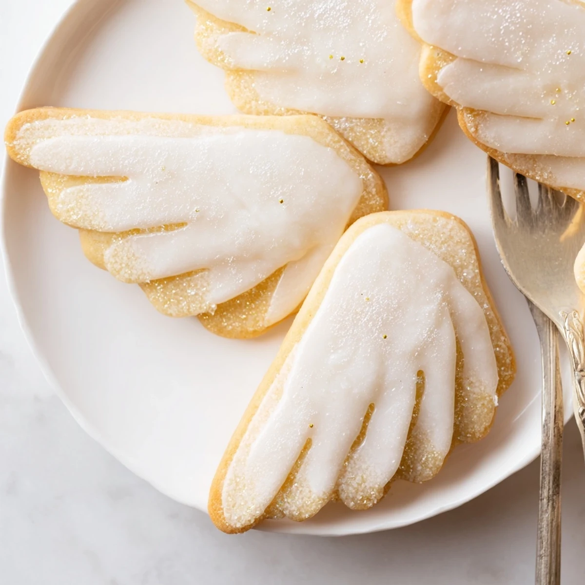Golden-baked Angel Wings sugar cookies arranged on a plate, ready to be decorated with icing.