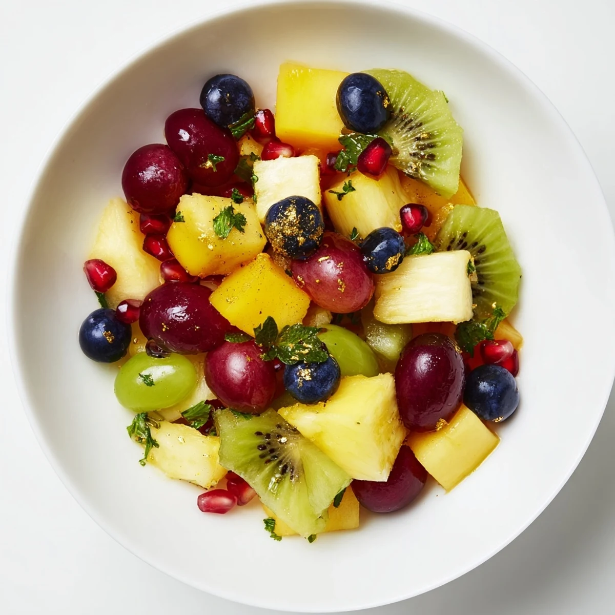 A colorful Three Kings Royal Fruit Platter, showcasing vibrant fresh fruits drizzled with honey-lime dressing.