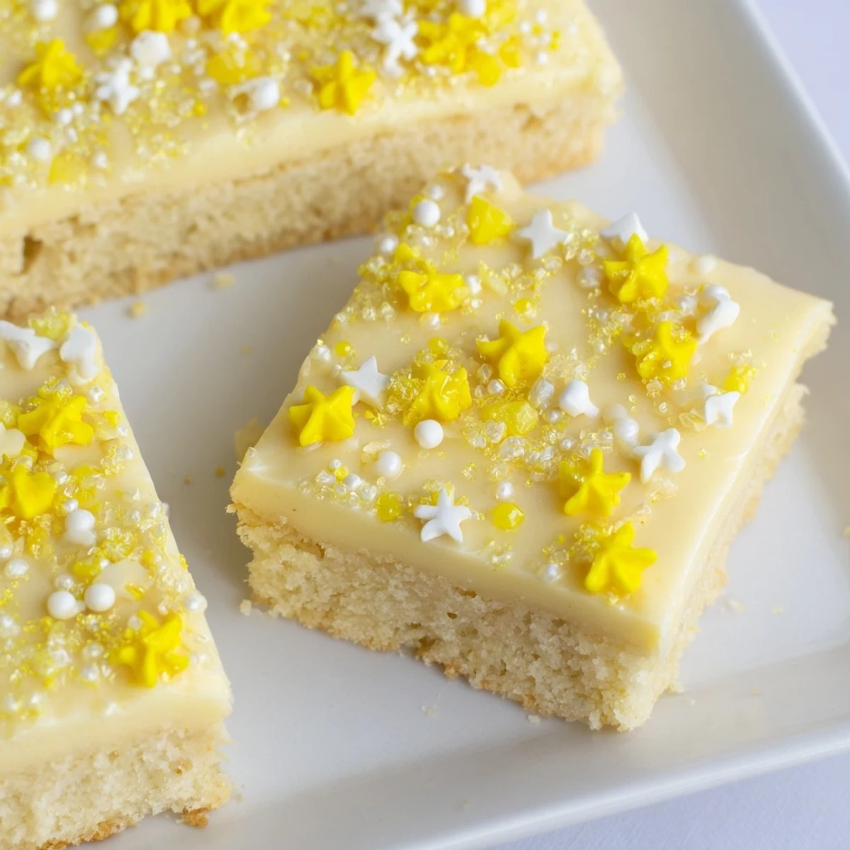 A close-up of Twinkle Twinkle Star Dessert Bars, drizzled with creamy frosting and star sprinkles.