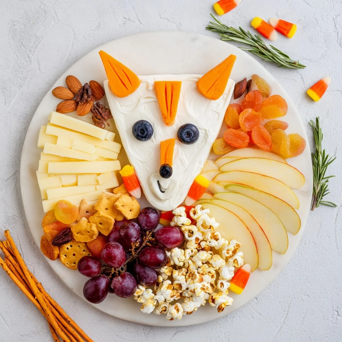 A beautifully arranged Whimsical Fox Fall Treat Board, bursting with autumn fruits and cheeses ready to eat.