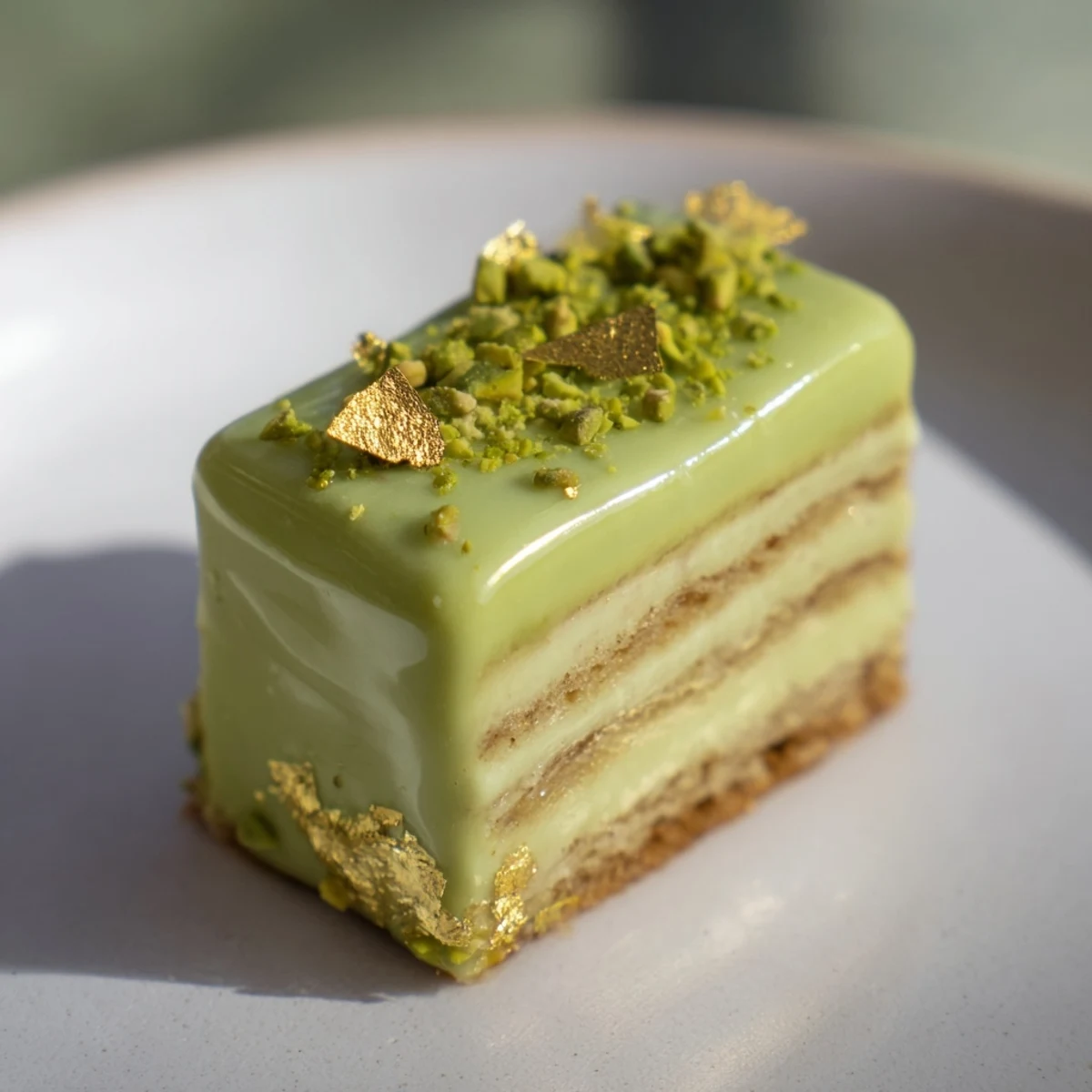 Delicate Grenouille Royale Petits Fours: golden bite-sized cakes layered with smooth pistachio cream and glaze.