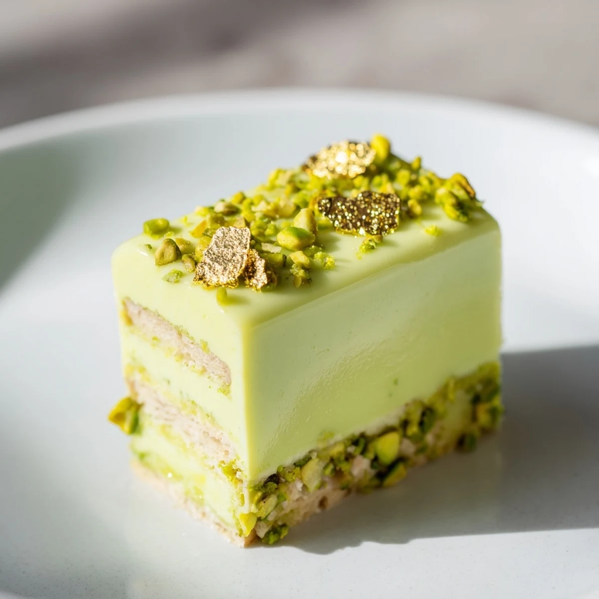 Close-up of stunning Grenouille Royale Petits Fours, showing layers of almond sponge and citrus glaze detail.