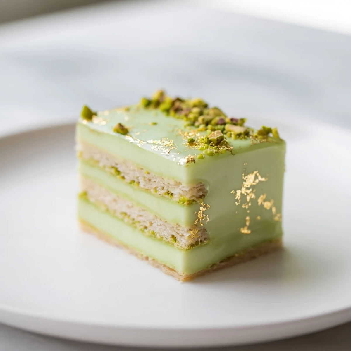 Elegant arrangement of Grenouille Royale Petits Fours, garnished with pistachios and gold, ready to serve.