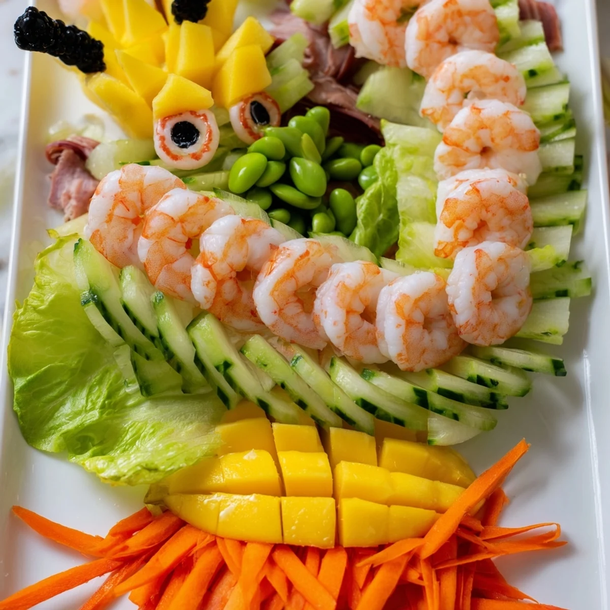This vibrant Lunar New Year Dragon Platter features shrimp, pork, and fresh garnishes for sharing.