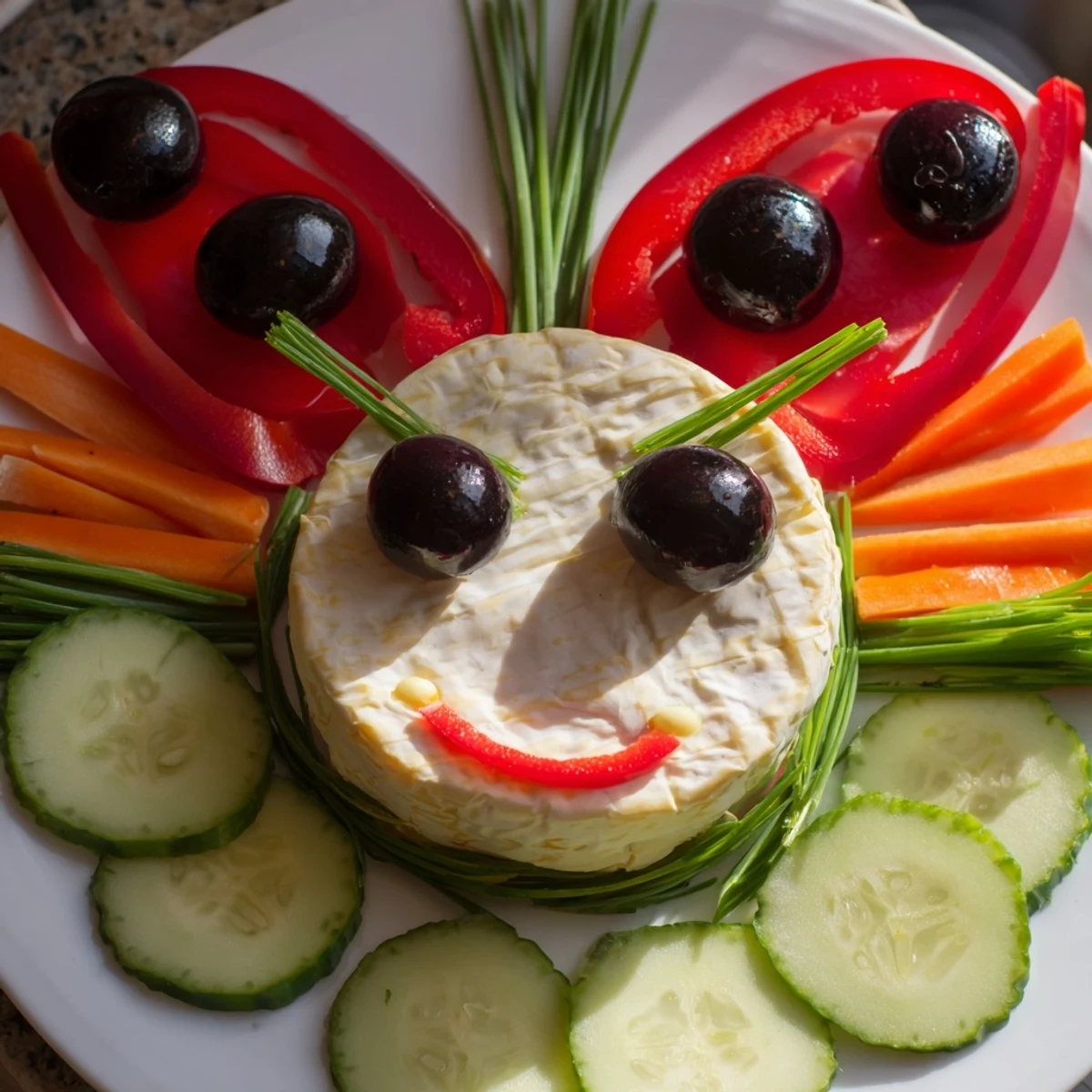 A delightful view of a Coccinelle Amusante Planche Pique-Nique, featuring arranged veggies and creamy dips perfect for sharing.