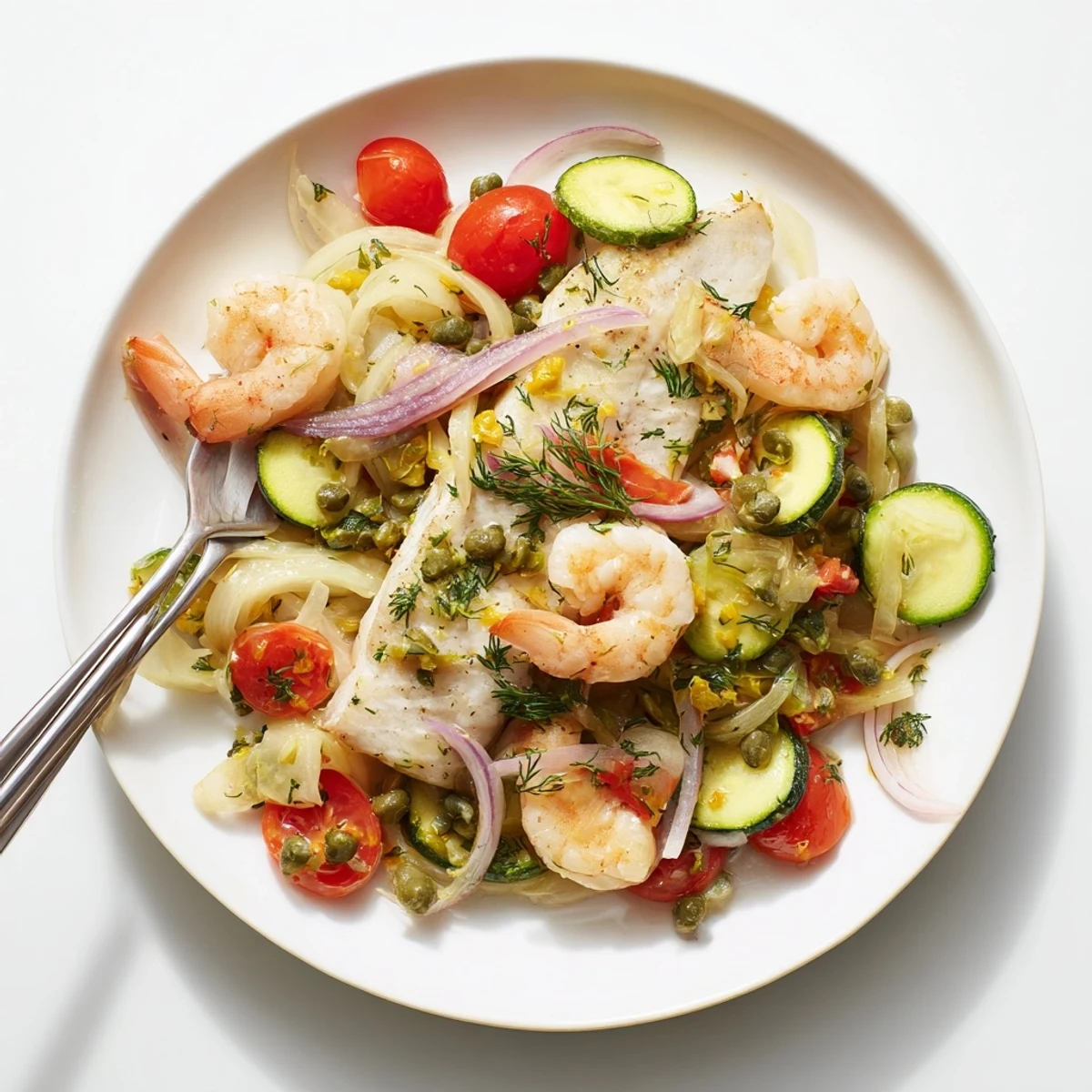 Enjoy the delicious "Plongeons dans l'Océan Poisson Bleu": baked seafood dish with plump shrimp and fresh herbs.