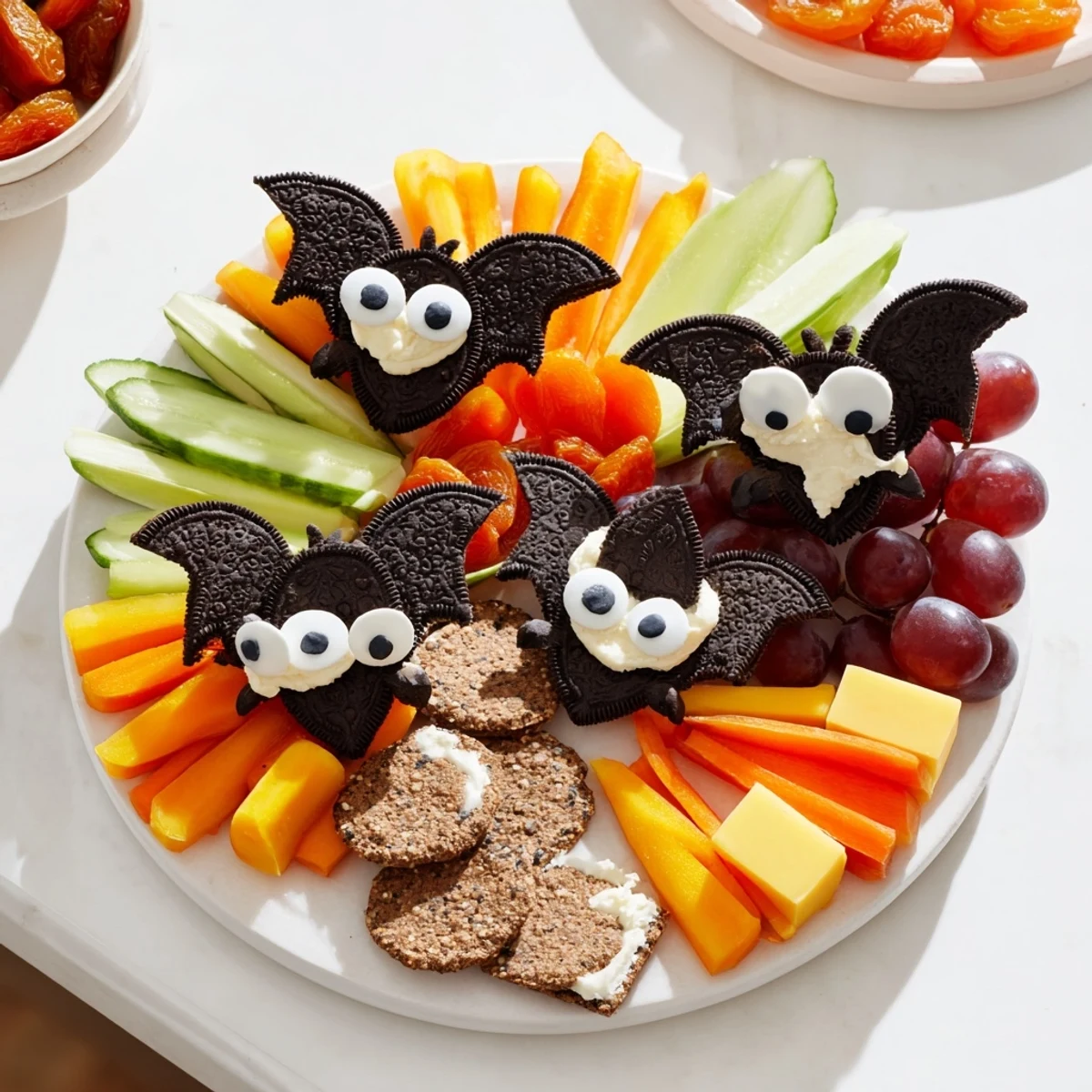 Delectable Flying Bat Halloween snack board with creative bat-shaped crackers and sweet treats.