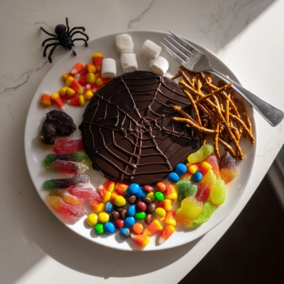 Dark chocolate spiderweb candy platter with colorful arrangement of Halloween treats, visually appealing.