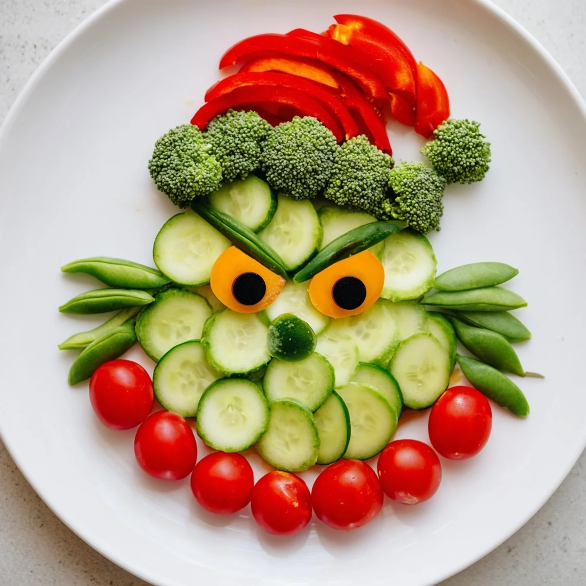 Grinch Face Veggie Platter featuring colorful vegetables, perfect for a festive holiday snack.
