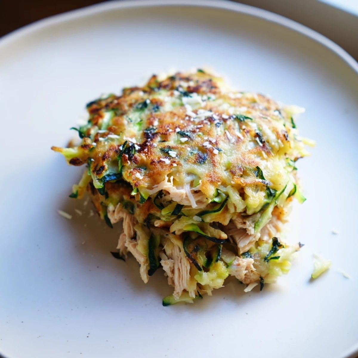 Golden-brown High-Protein Chicken Zucchini Fritters sizzling in a skillet, ready to be flipped.