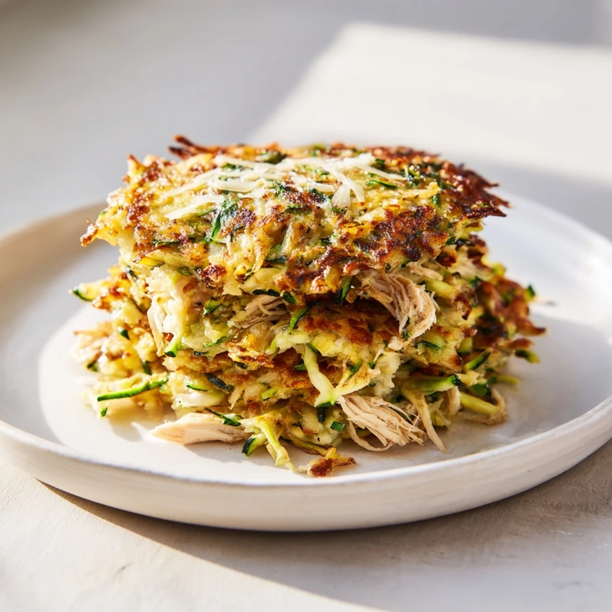 Plated High-Protein Chicken Zucchini Fritters, a healthy main dish idea, served with Greek yogurt.