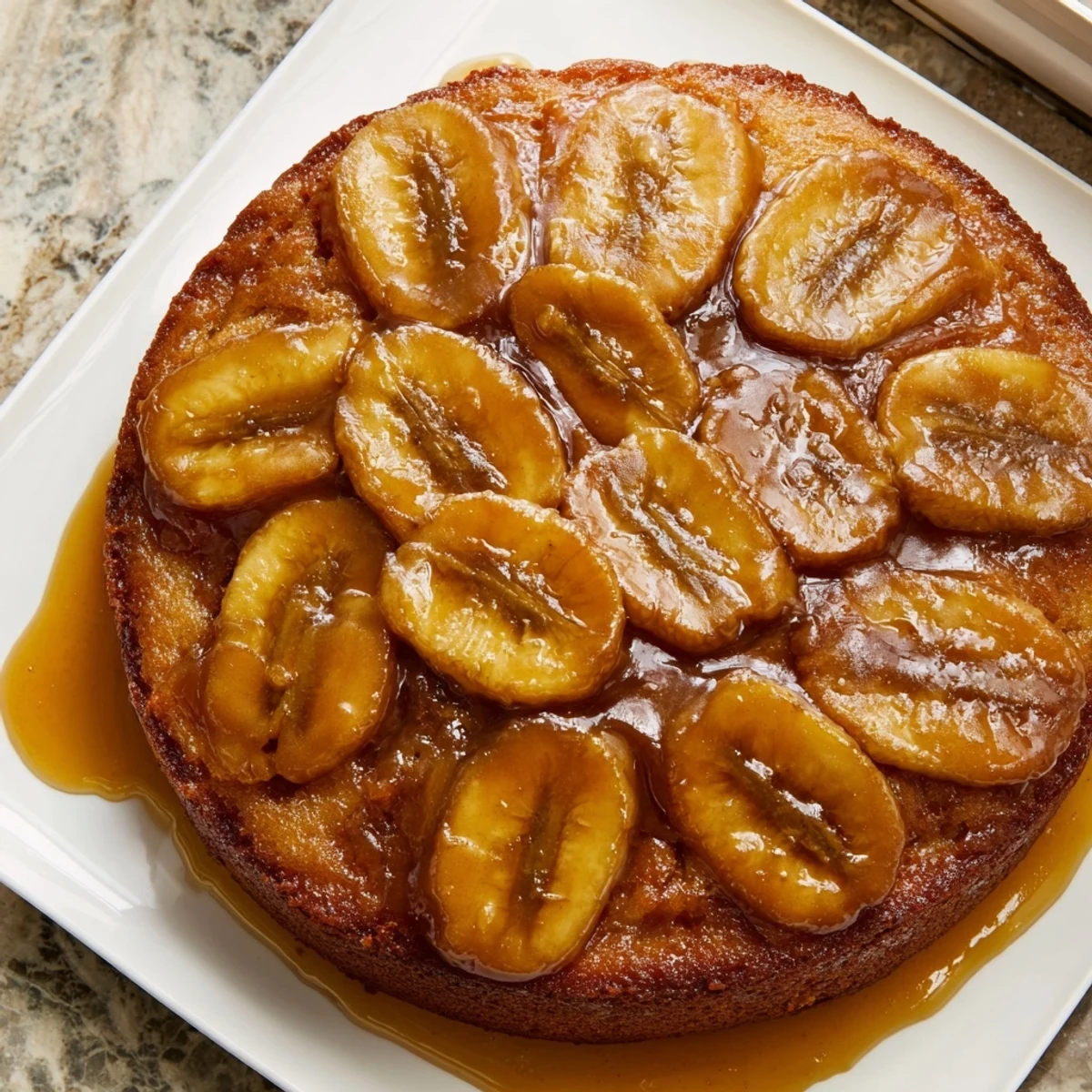 Caramelized banana slices atop a moist Banana Bread Cake, perfect for dessert or brunch.